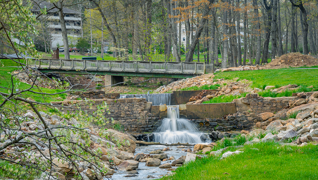 A waterfall on the Mountain Greens Golf Course at Massanutten Resort